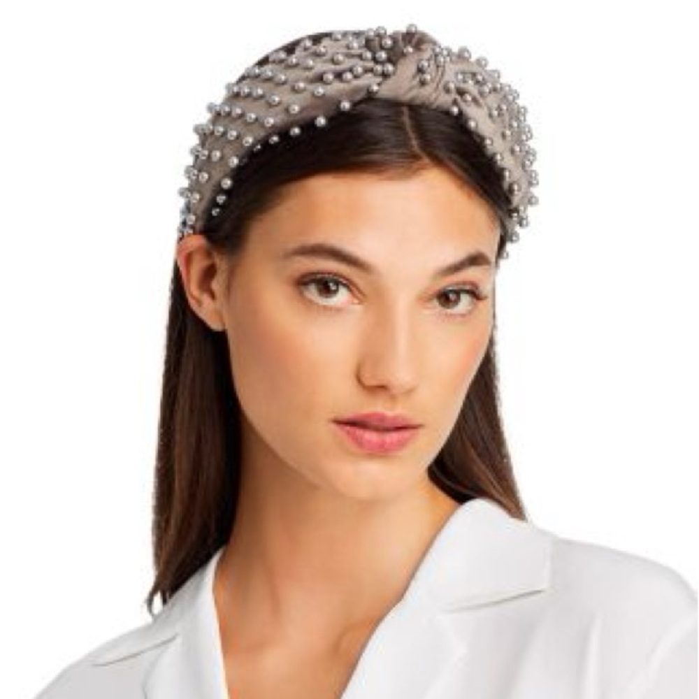 NWOT Lele Sadoughi Gray Velvet Knot Pearl Embellished Headband